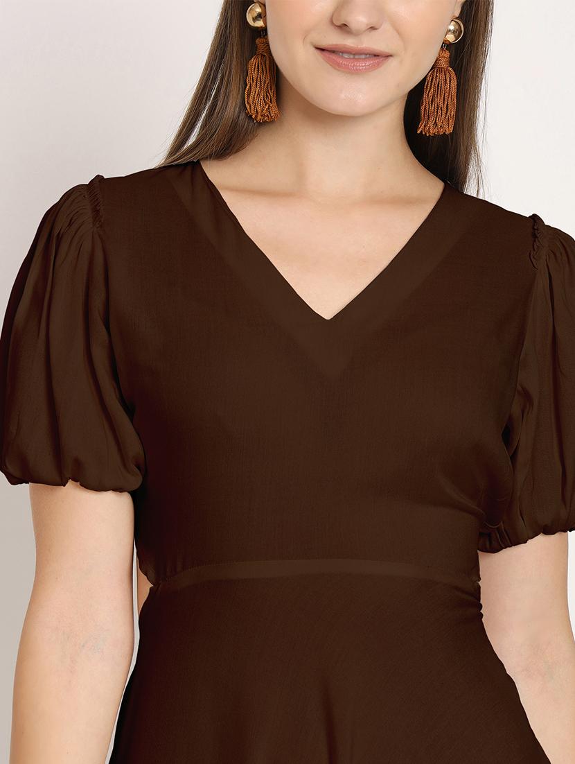 brown solid puff sleeves high low dress - 20386219 - Standard Image - 5