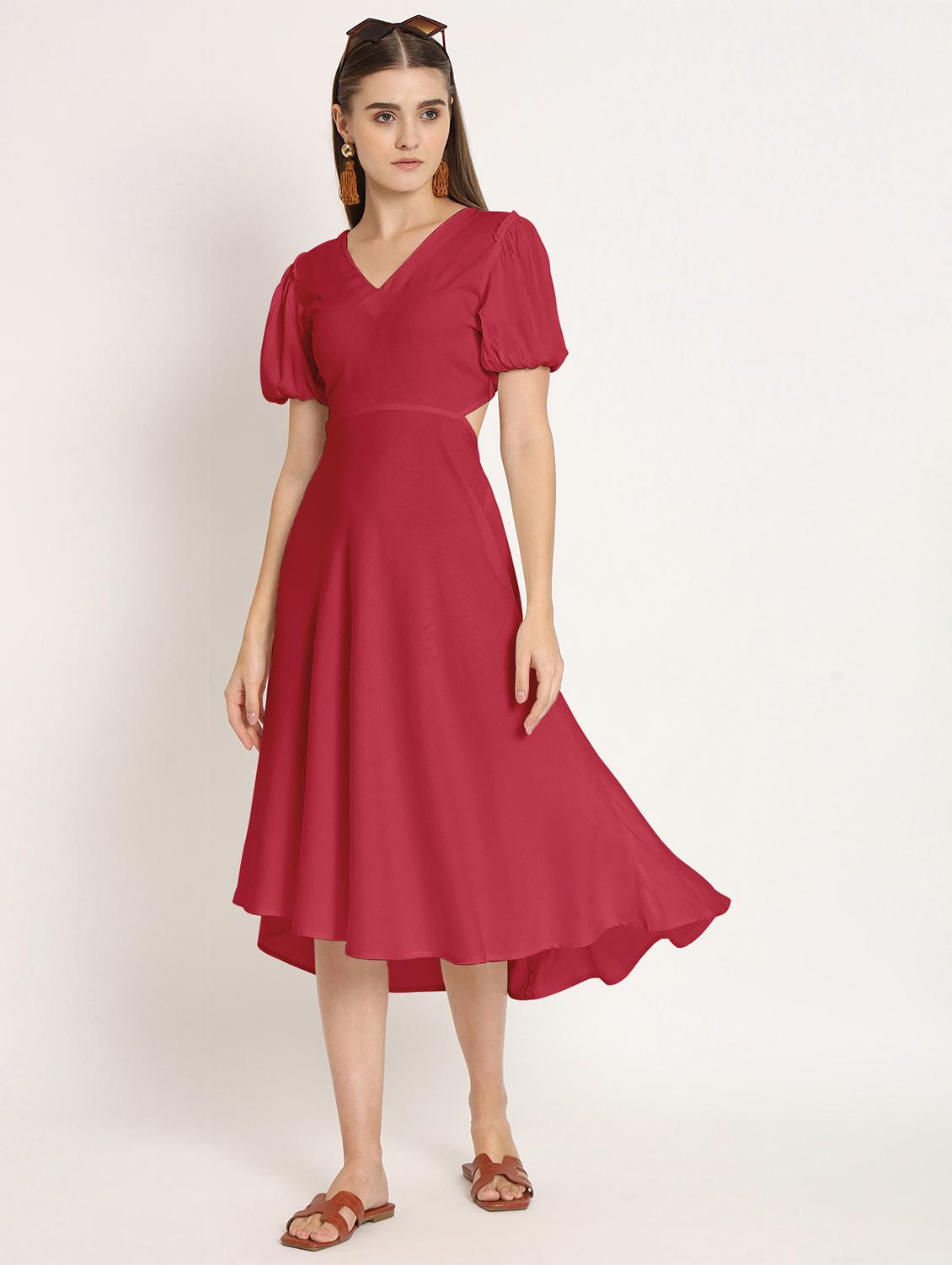 red solid puff sleeves high low dress - 20386220 -  Zoom Image - 0