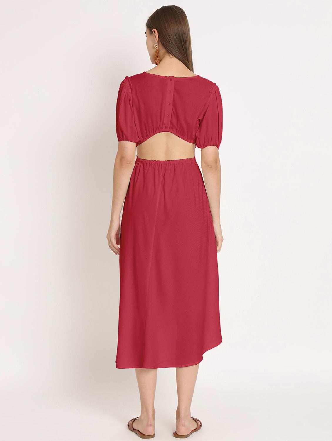 red solid puff sleeves high low dress - 20386220 - Standard Image - 3