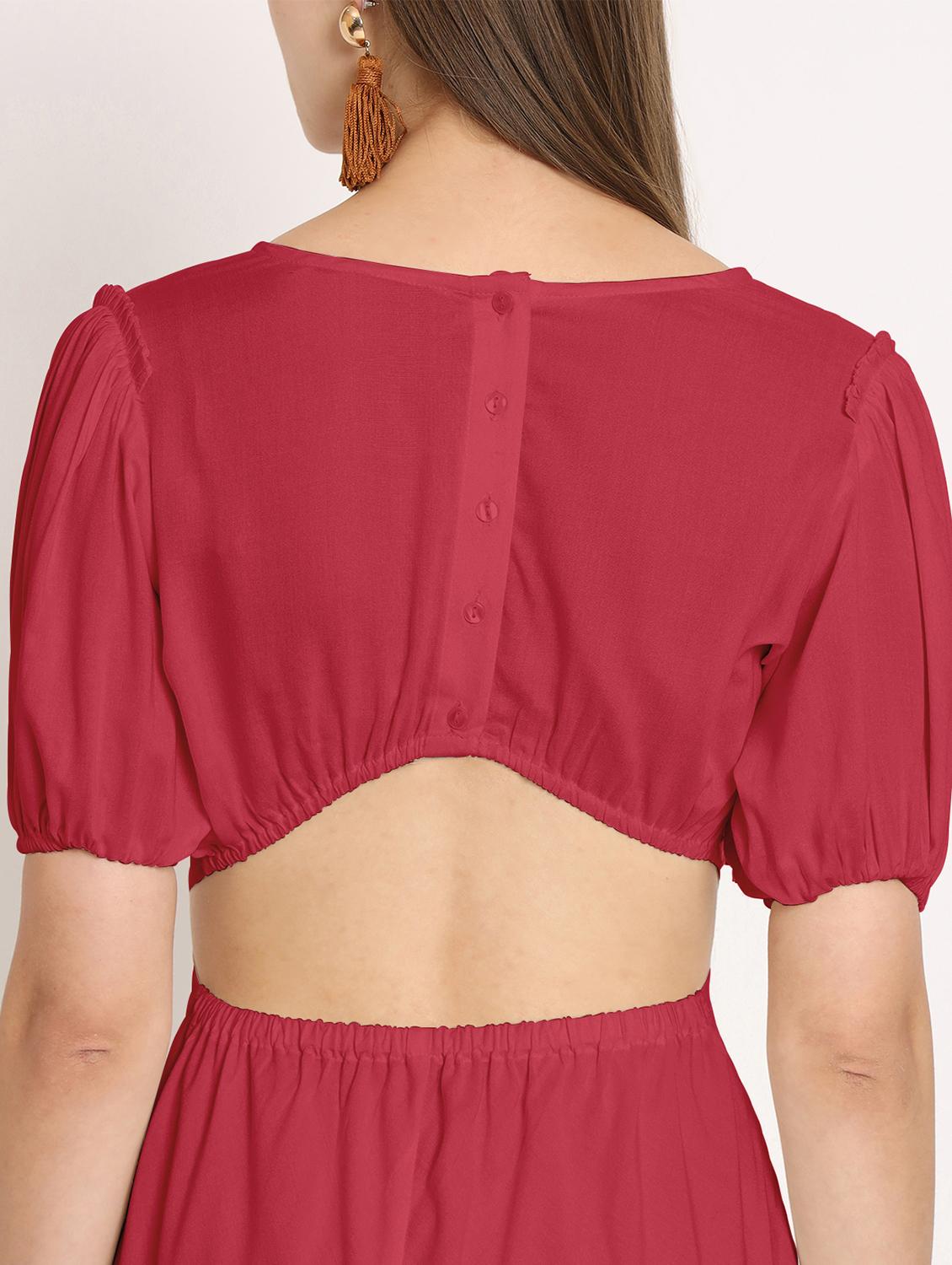 red solid puff sleeves high low dress - 20386220 - Standard Image - 5