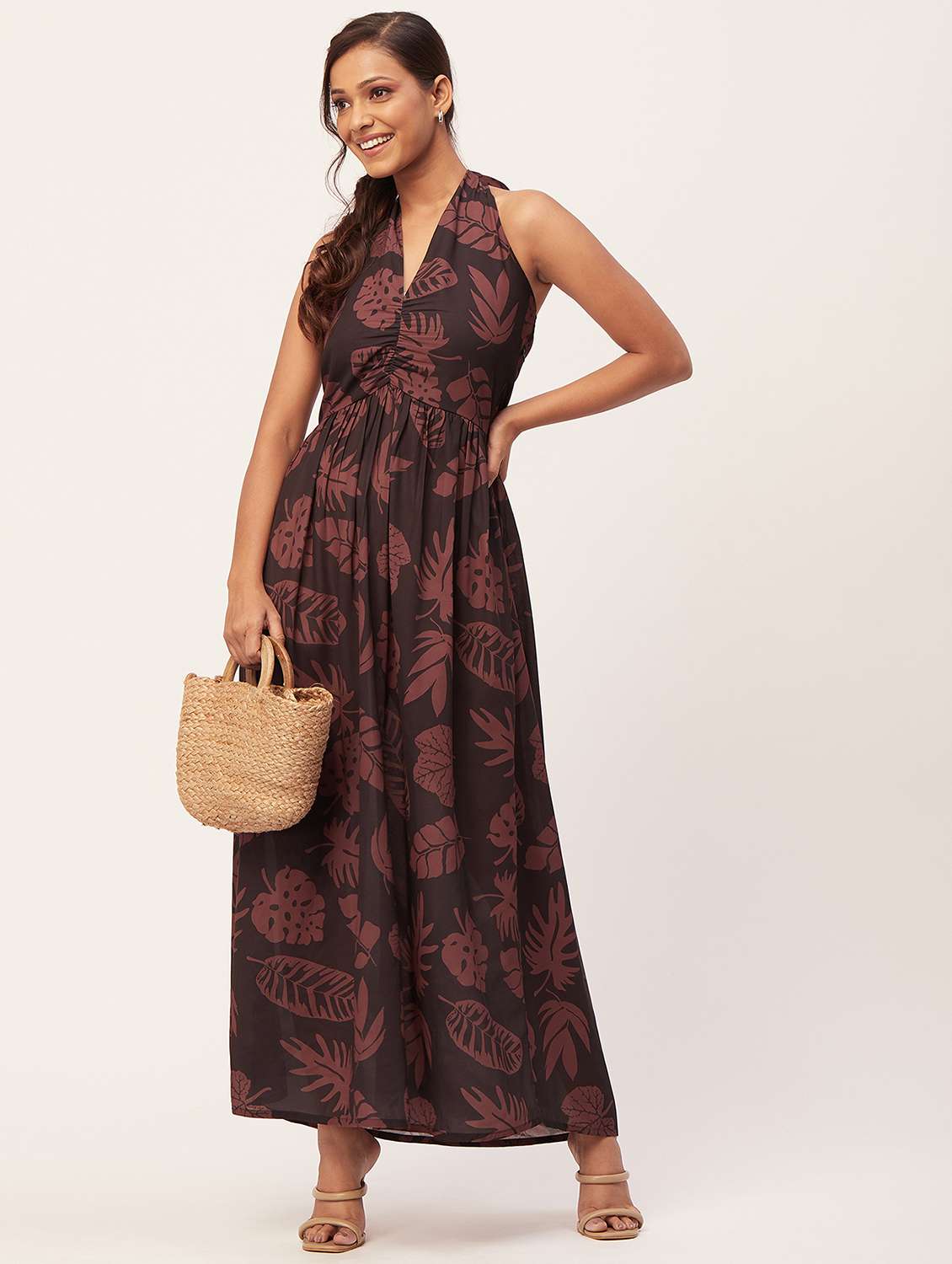 women brown printed georgette a-line dress - 20386232 -  Standard Image - 3