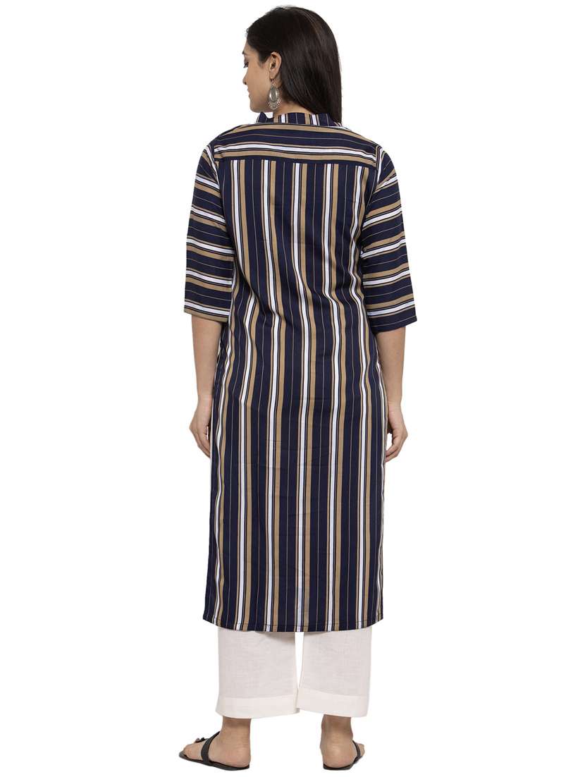 navy blue stroped mandarin neck kurta - 20386257 -  Standard Image - 3