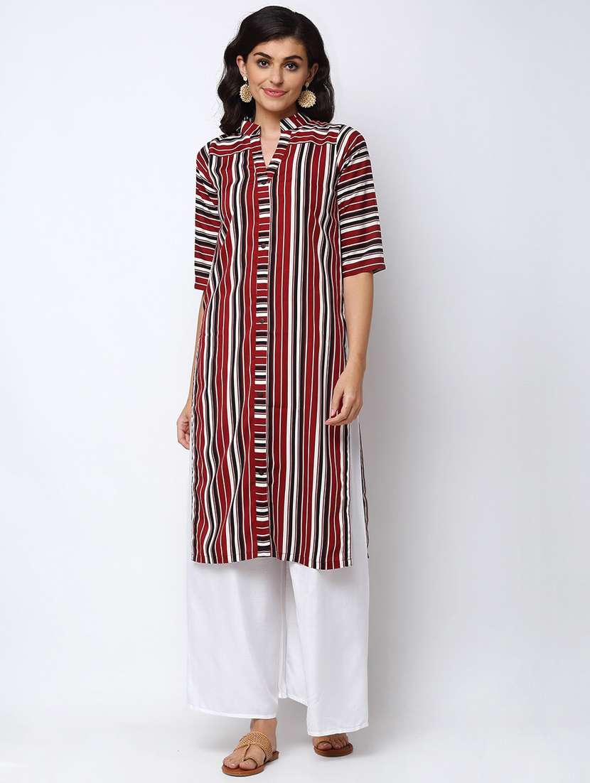 women multi color stripes mandarin neck straight kurta