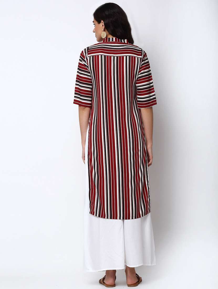 women multi color stripes mandarin neck straight kurta - 20386261 -  Standard Image - 3