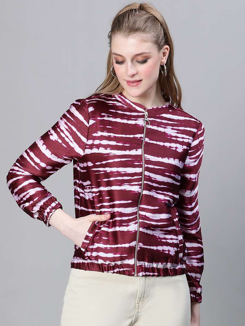 maroon printed bomber jacket - 20386414 -  Zoom Image - 0