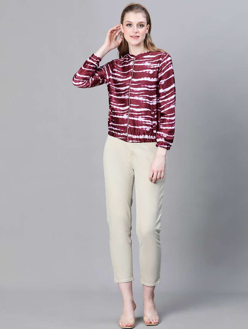 maroon printed bomber jacket - 20386414 - Standard Image - 5