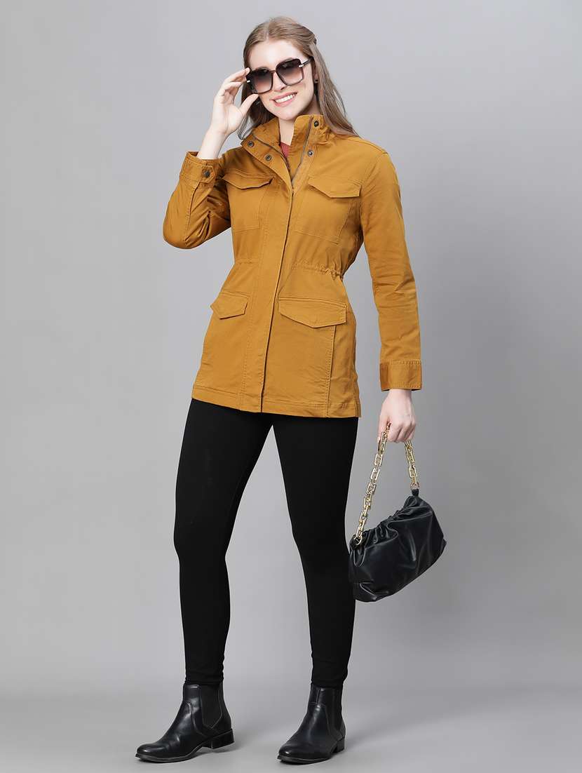 women mustard solids stand collar jacket - 20386415 - Standard Image - 5