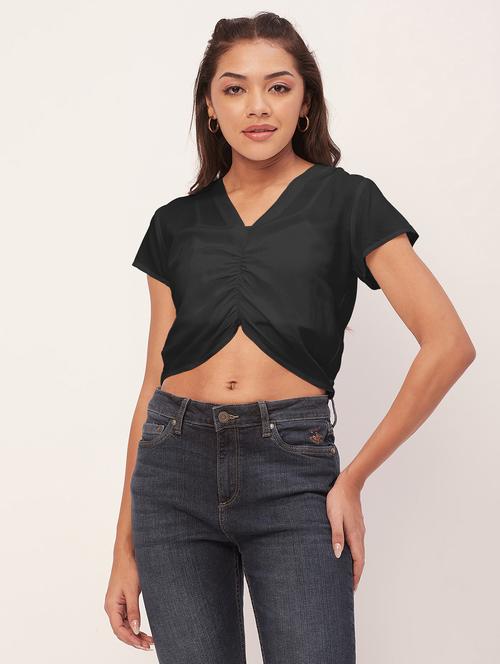 black solid short sleeves crop top - 20387221 -  Standard Image - 0