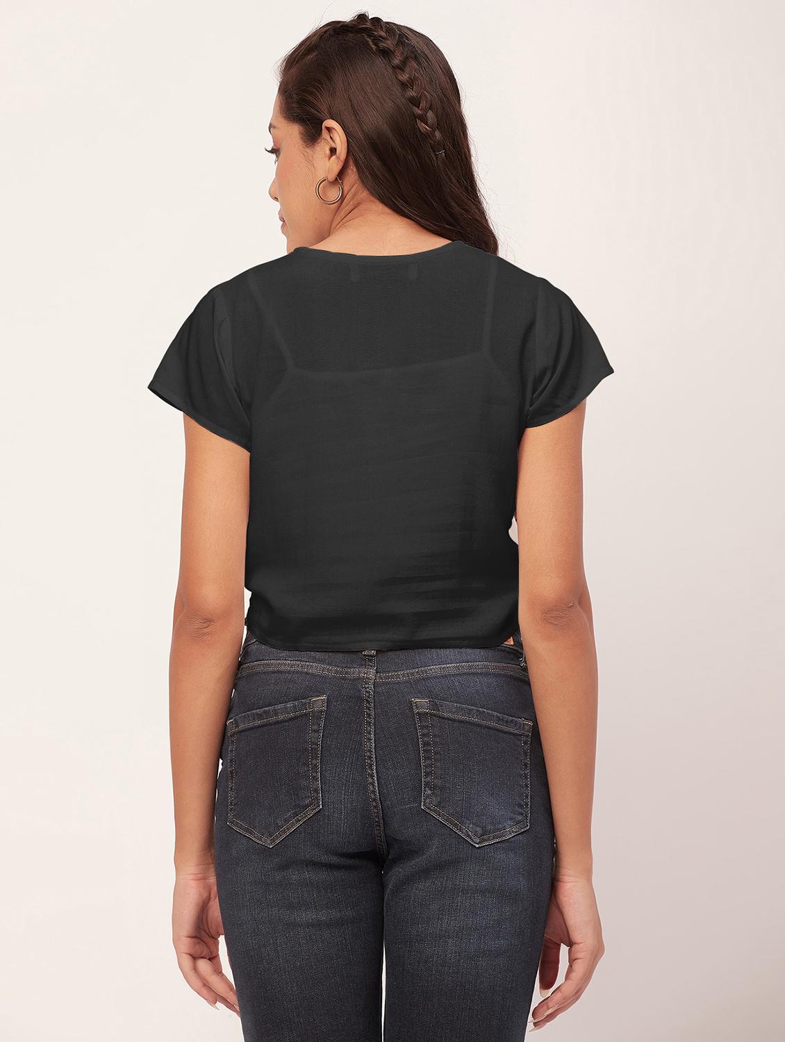 black solid short sleeves crop top - 20387221 - Standard Image - 3