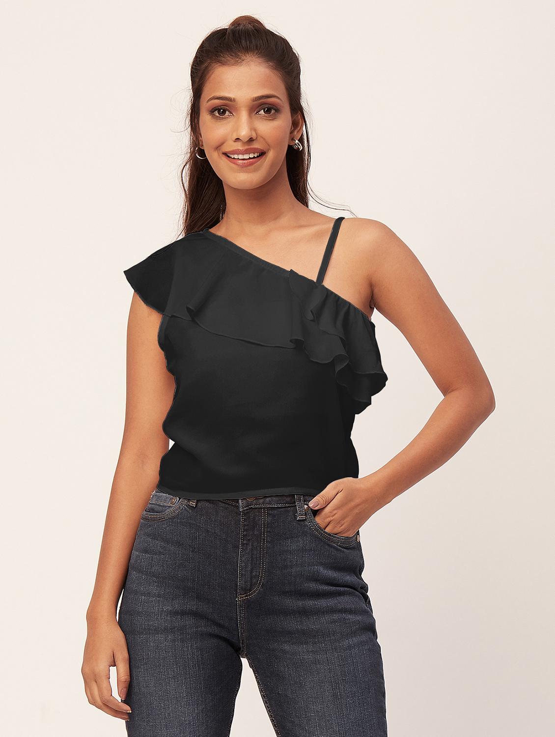 women black solid ruffled one shoulder top - 20387225 - Zoom Image - 0