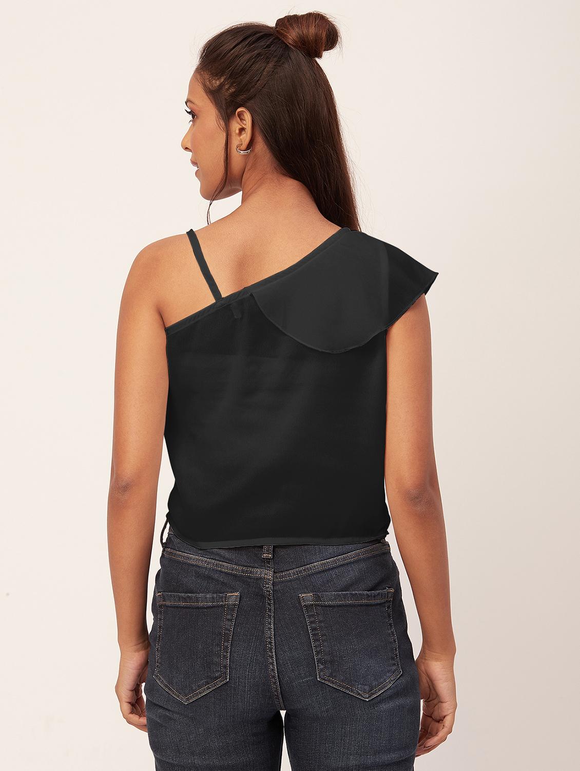 women black solid ruffled one shoulder top - 20387225 - Standard Image - 3