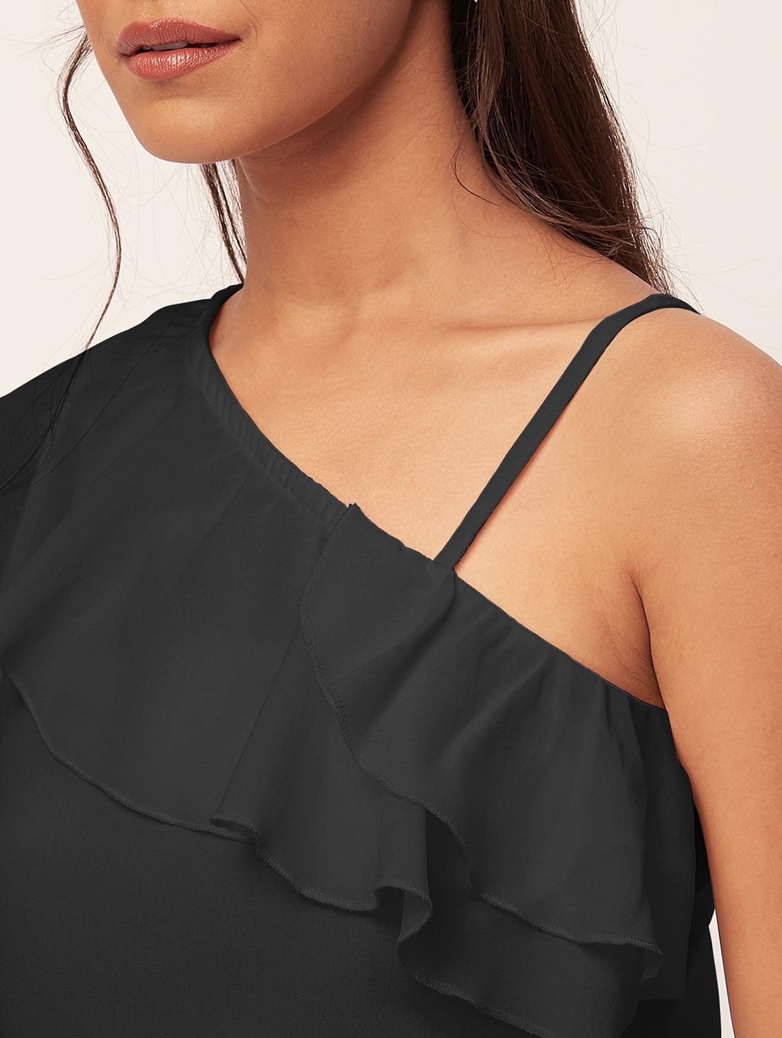 women black solid ruffled one shoulder top - 20387225 - Standard Image - 5