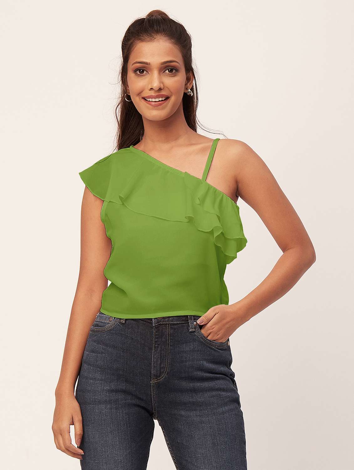  women green solid ruffled one shoulder top