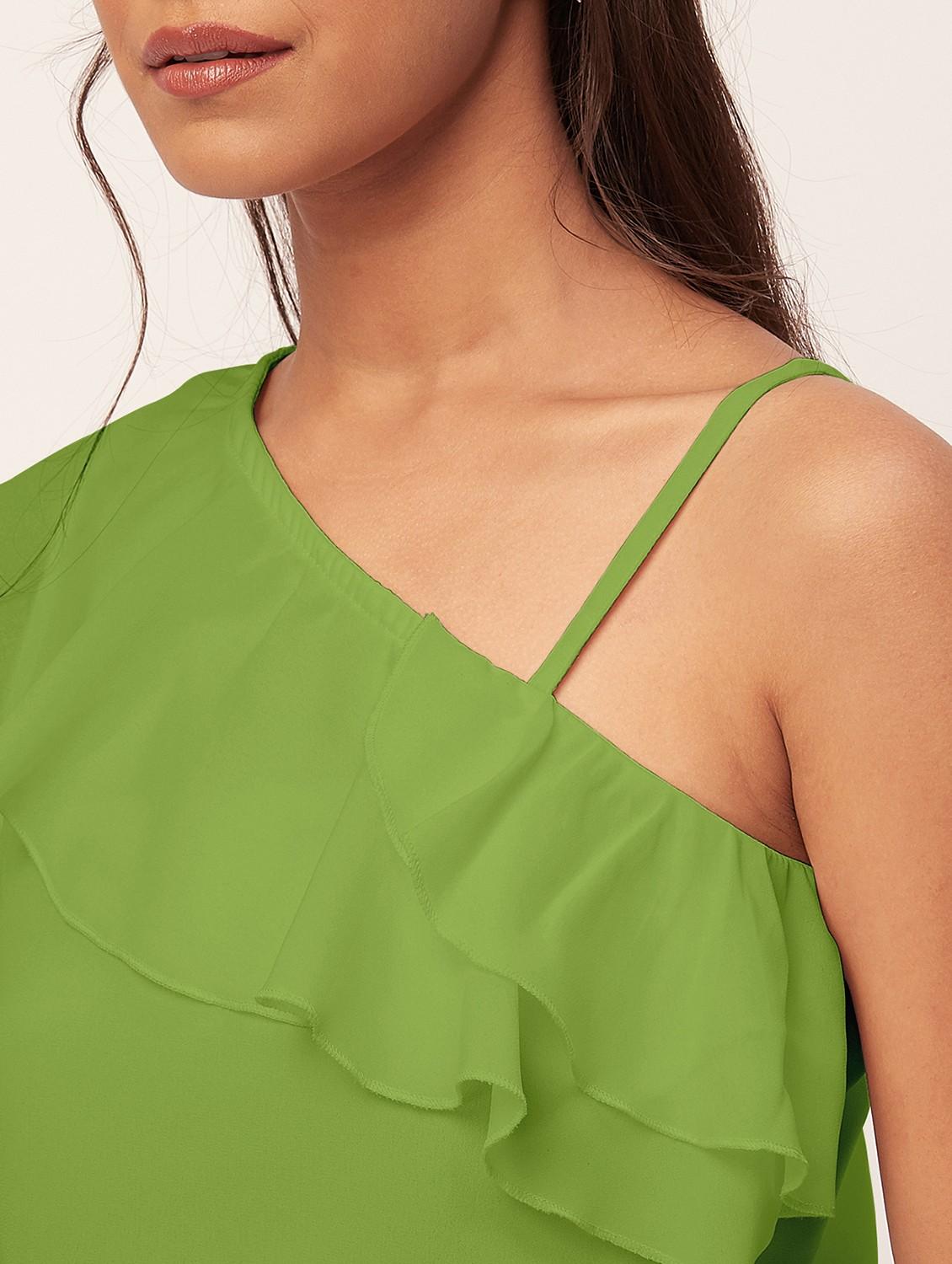 women green solid ruffled one shoulder top - 20387226 - Standard Image - 5