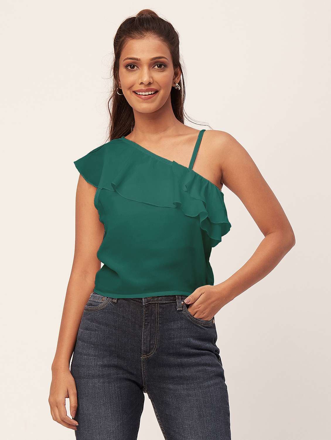 women green solid ruffled one shoulder top