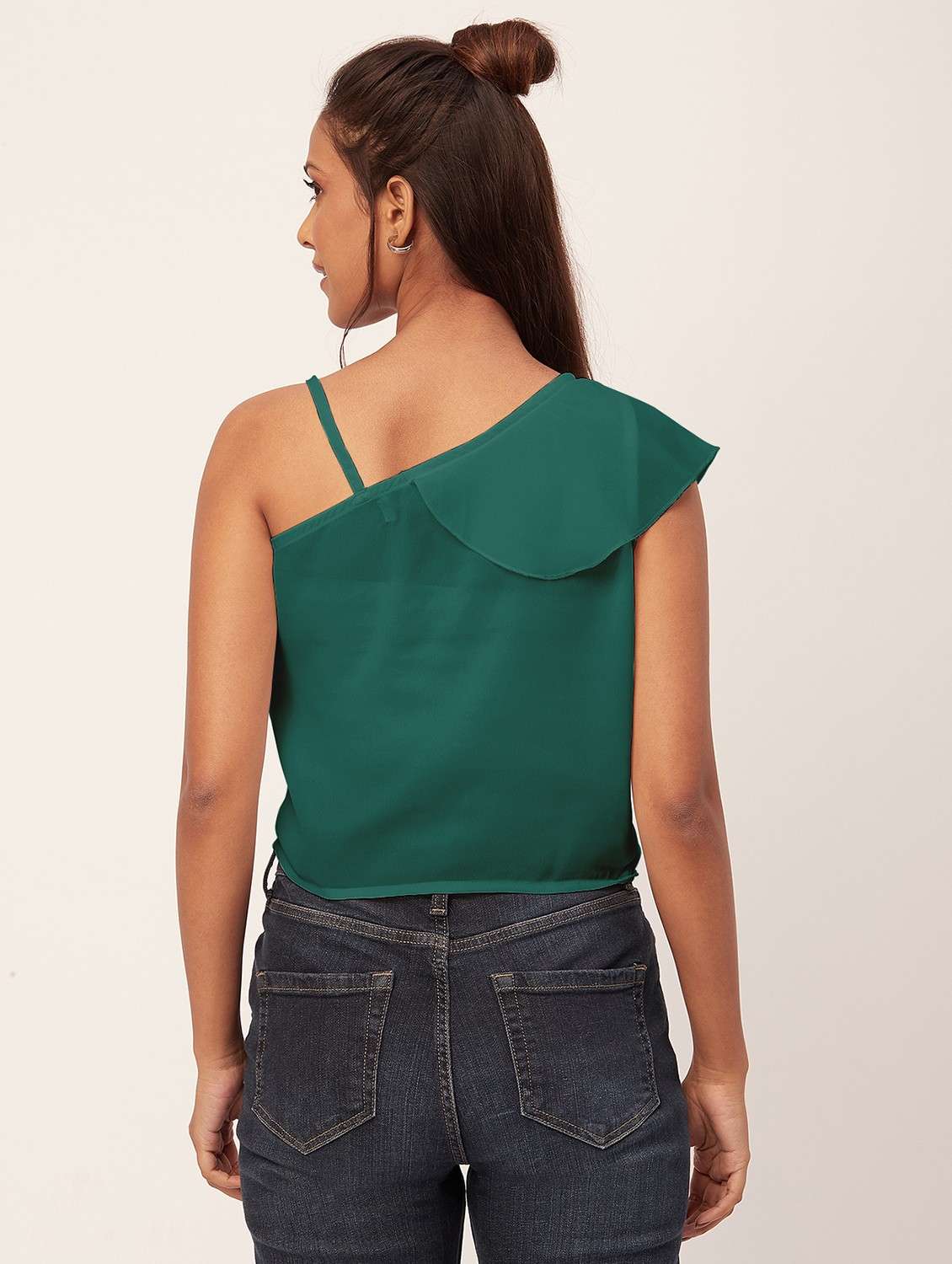 women green solid ruffled one shoulder top - 20387227 -  Standard Image - 3