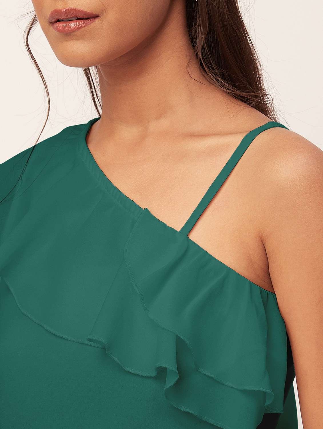 women green solid ruffled one shoulder top - 20387227 -  Standard Image - 5
