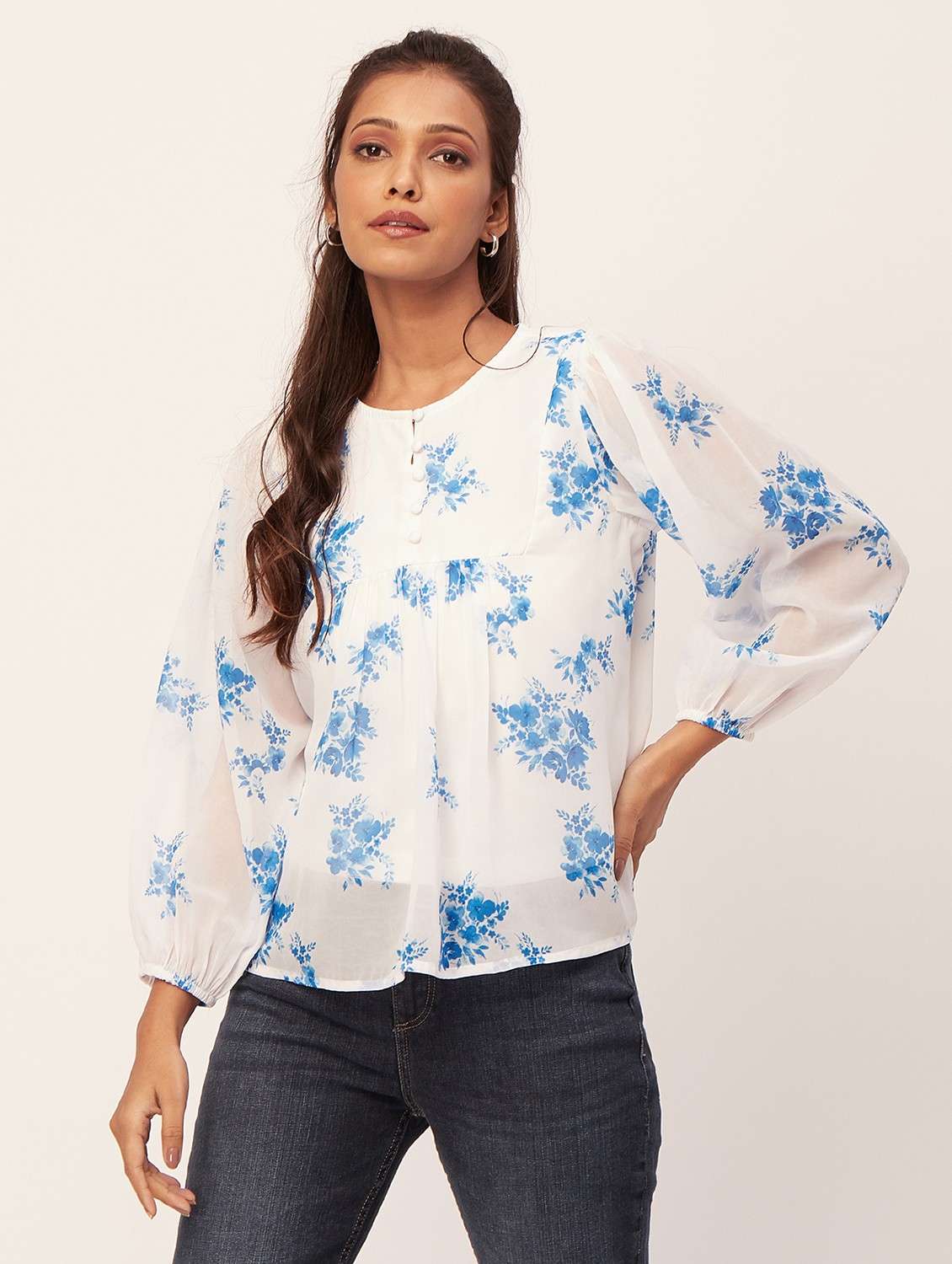 women floral print round neck top
