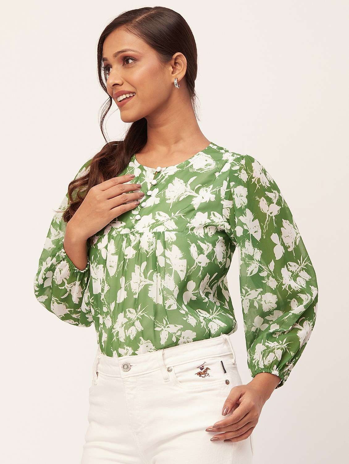 women printed puff sleeves a-line top - 20387239 -  Standard Image - 3