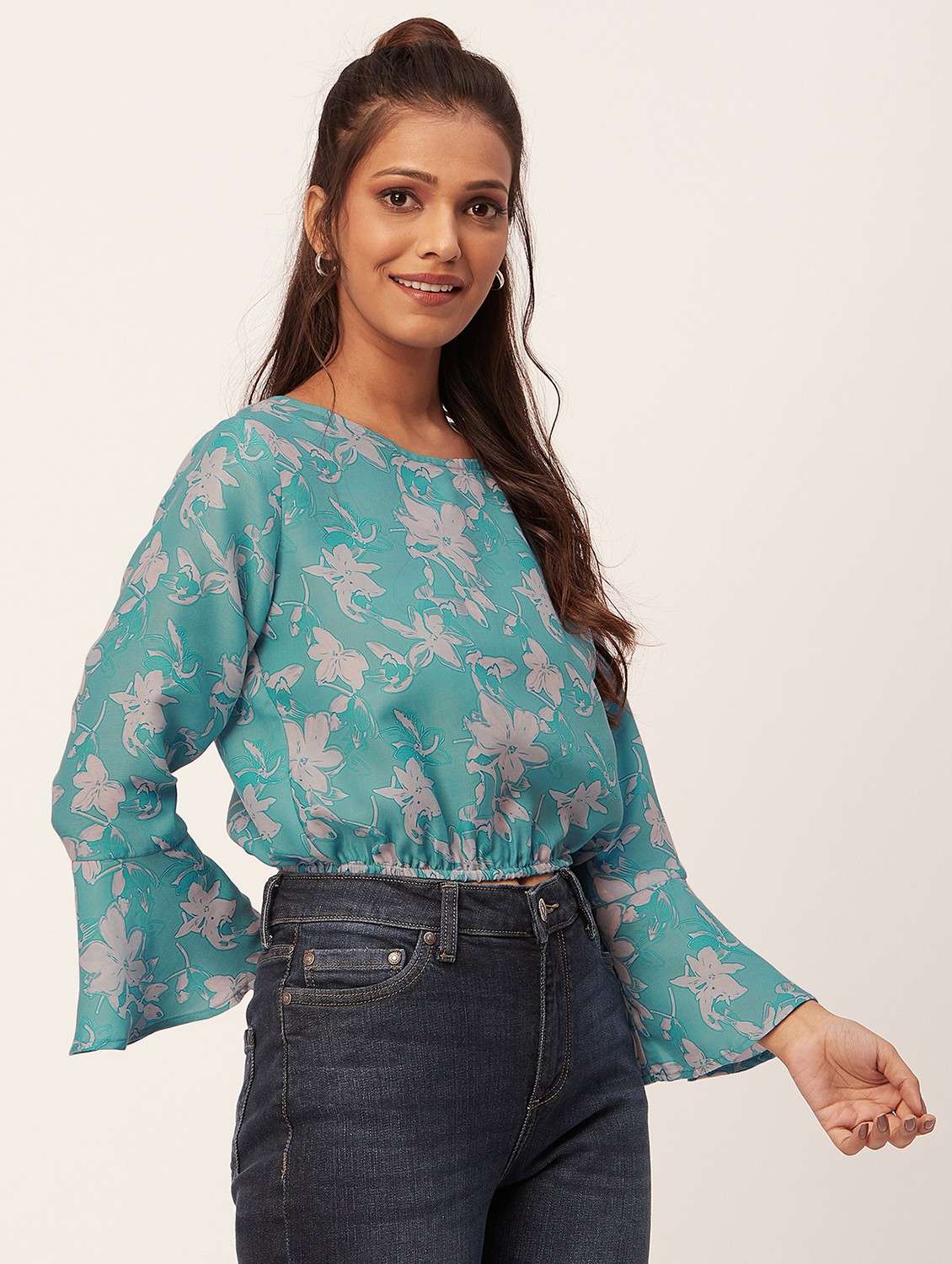 turquoise floral print blouson top - 20387243 - Standard Image - 3