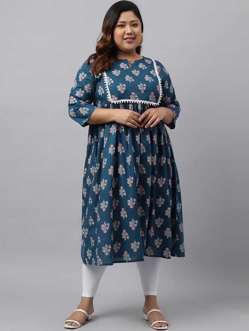 women teal floral print flared kurta - 20387298 - Zoom Image - 0