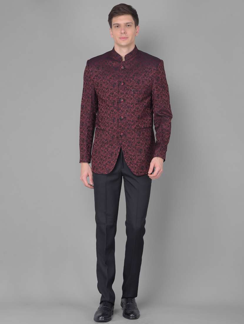 men self design burgundy slim fit polyester blend 2-piece suits suit