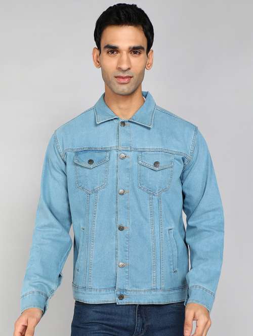 men solid light blue denim casual jacket - 20388713 - Standard Image - 0