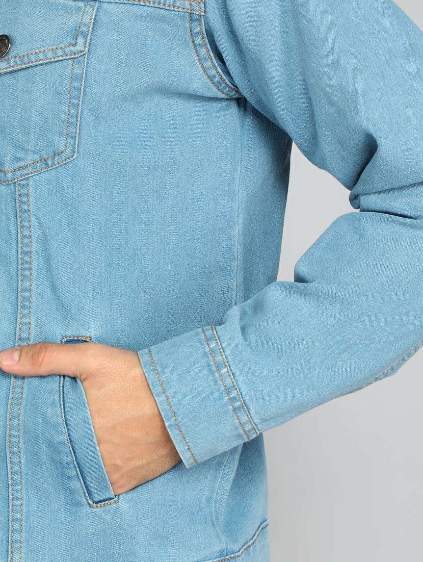 men solid light blue denim casual jacket - 20388713 - Standard Image - 3