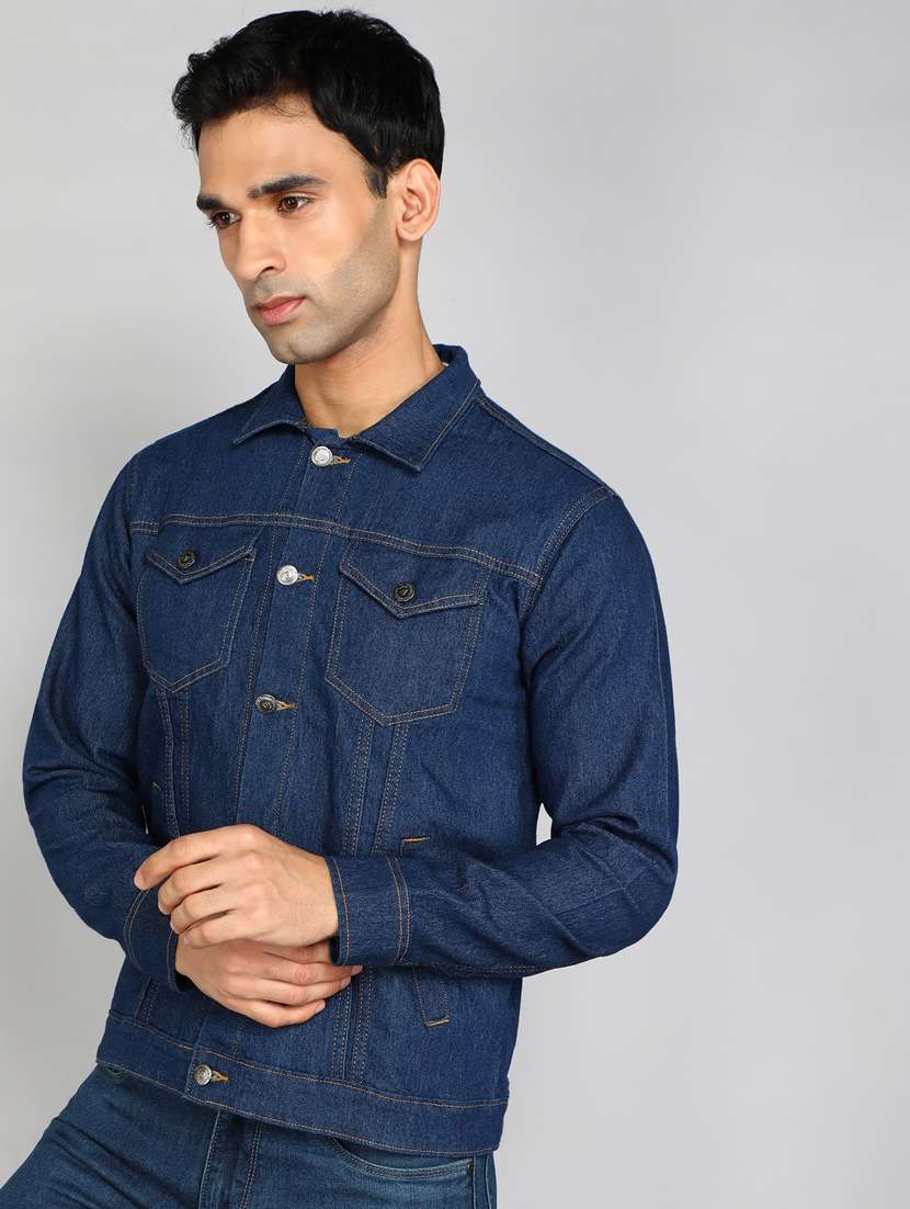 men solid dark blue denim casual jacket