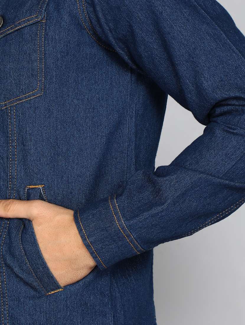 men solid dark blue denim casual jacket - 20388714 -  Standard Image - 3