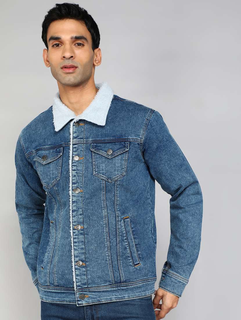 men blue denim washed casual jacket
