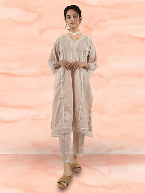 women taupe v-neck kurta pant set - 20388859 -  Standard Image - 0