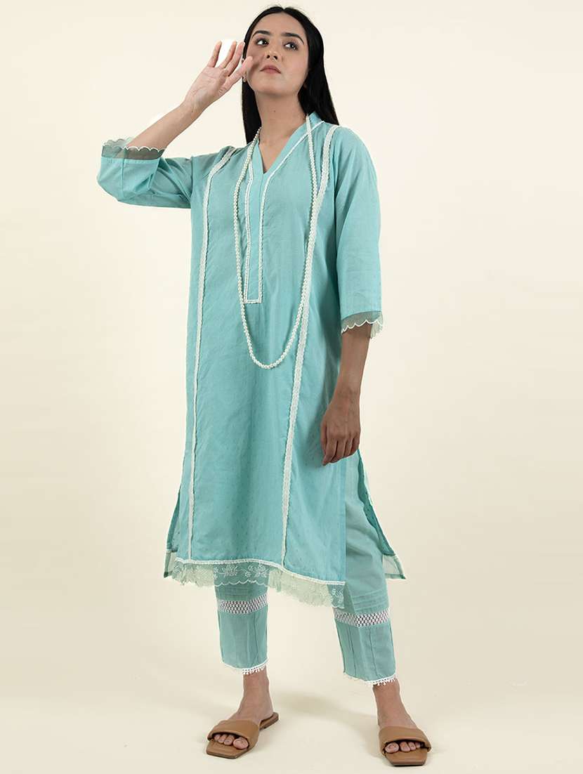 women light blue v-neck kurta pant set - 20388863 - Zoom Image - 0