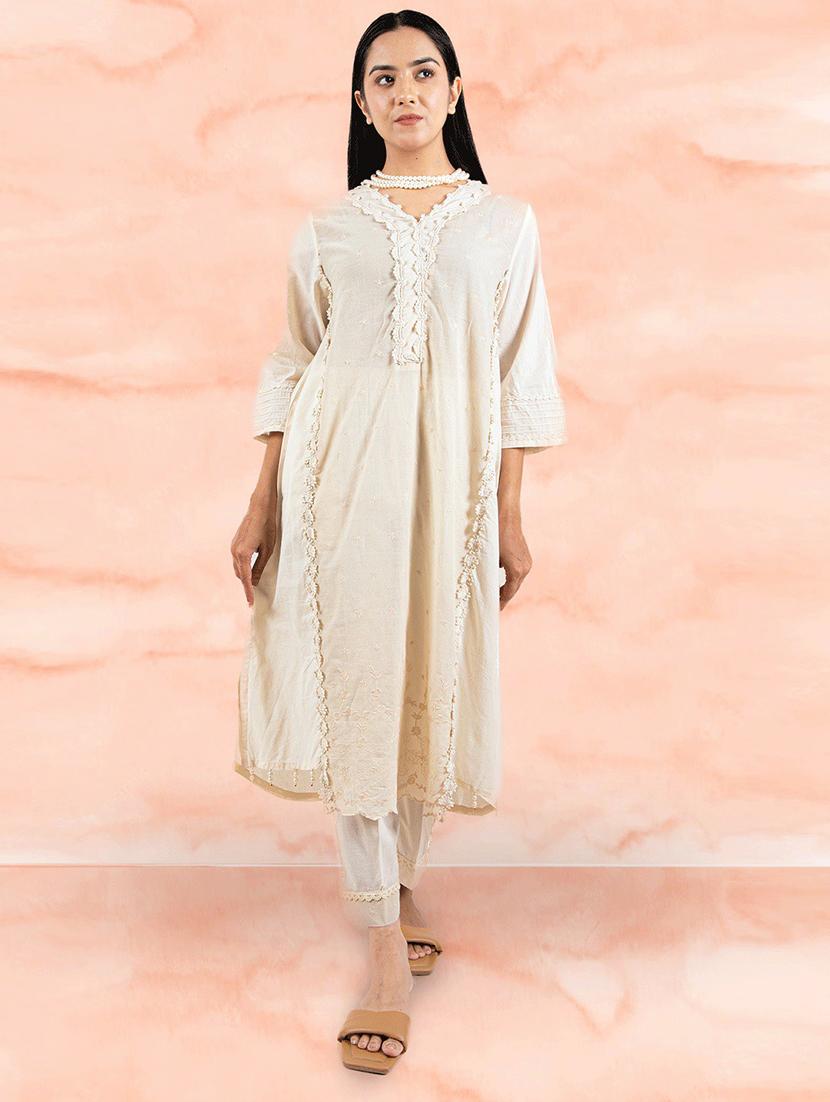 women off-white v-neck kurta pant set - 20388864 - Zoom Image - 0