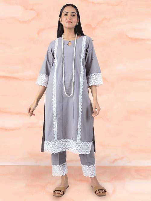women grey key hole neck kurta pant set - 20388867 -  Standard Image - 0