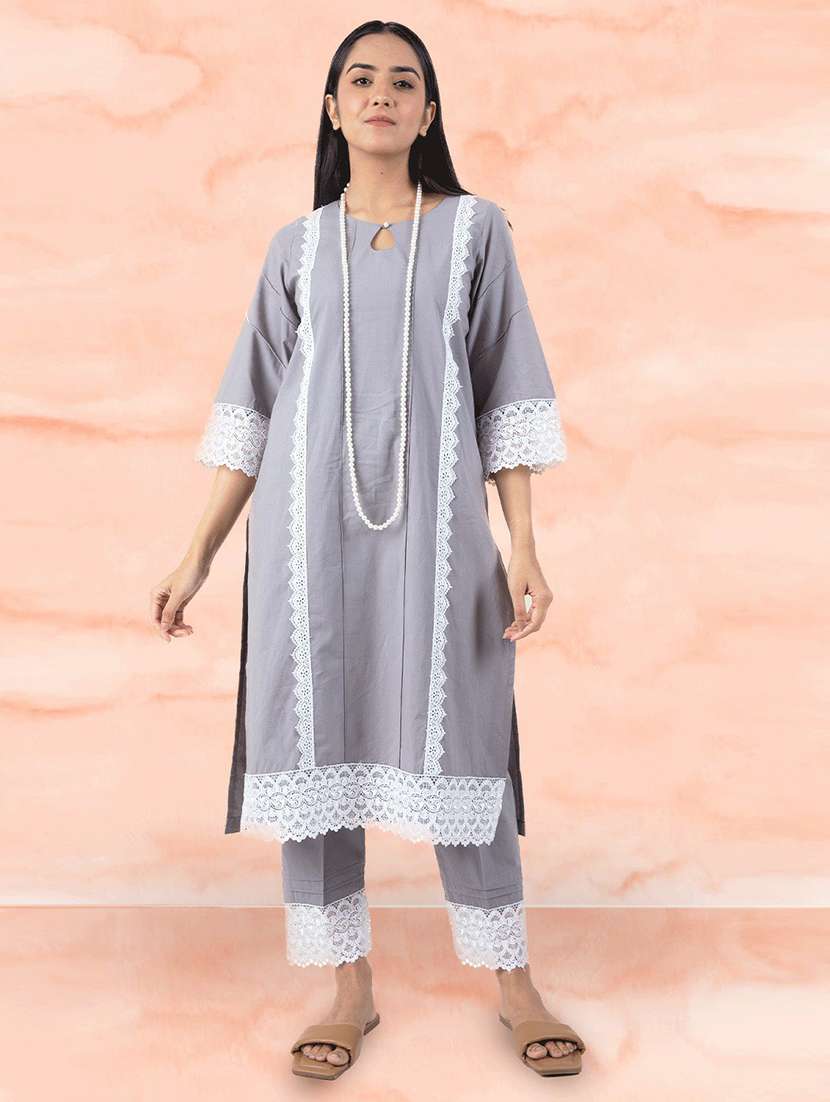 women grey key hole neck kurta pant set