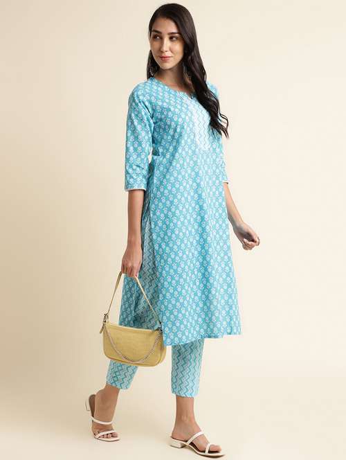 women light blue notch neck kurta pant set - 20388940 -  Standard Image - 0