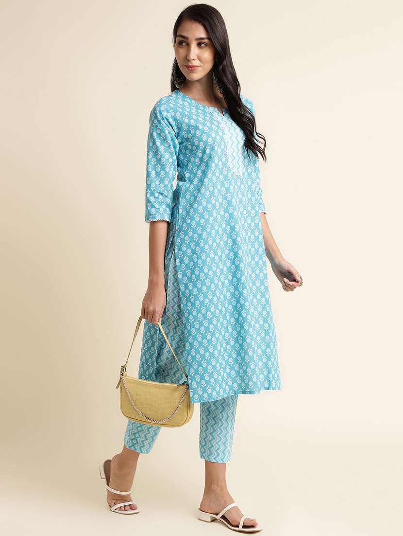 women light blue notch neck kurta pant set - 20388940 -  Zoom Image - 0