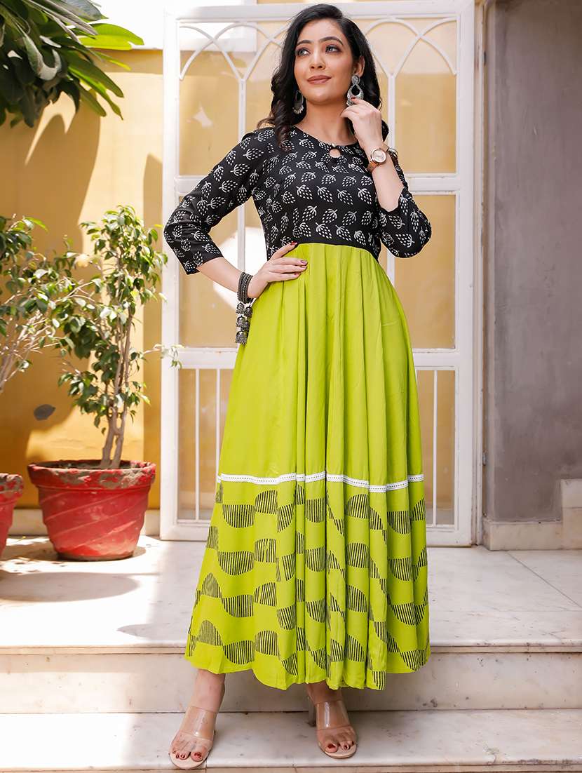 green rayon anarkali kurta - 20388994 -  Standard Image - 3