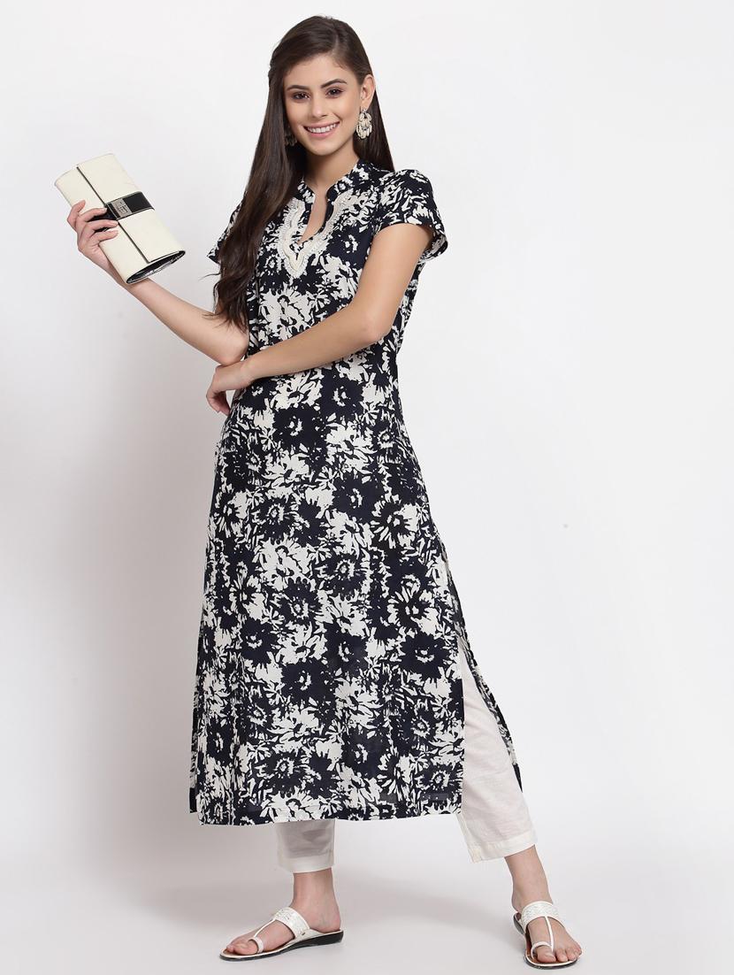 women black printed mandarin neck straight kurta - 20389203 - Zoom Image - 0