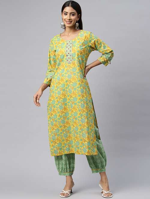 women yellow floral kurta salwar set - 20389794 -  Standard Image - 0