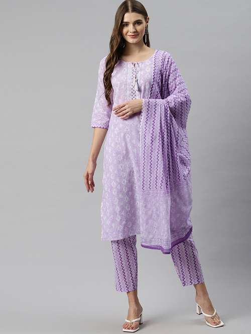 women lavender tie up neck kurta pant set with dupatta - 20389810 -  Standard Image - 0