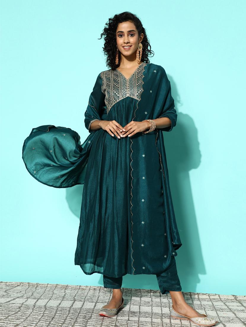 women teal kurta pant set with dupatta - 20390168 -  Zoom Image - 0