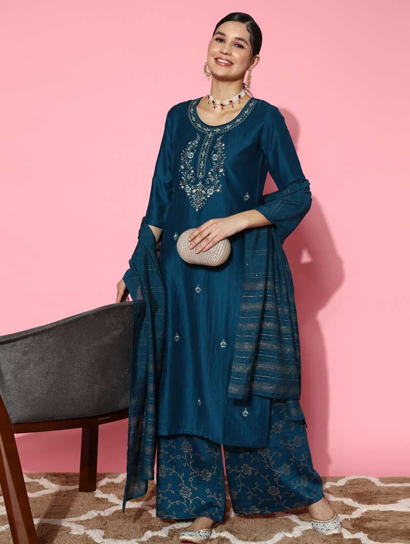 women blue kurta palazzo set with dupatta - 20390169 - Zoom Image - 0