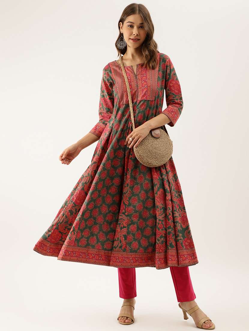 women green floral notch neck anarkali kurta - 20390475 -  Zoom Image - 0
