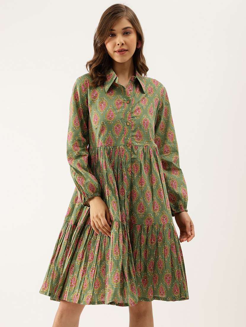 women olive printed long sleeve tiered dress - 20390532 - Zoom Image - 0