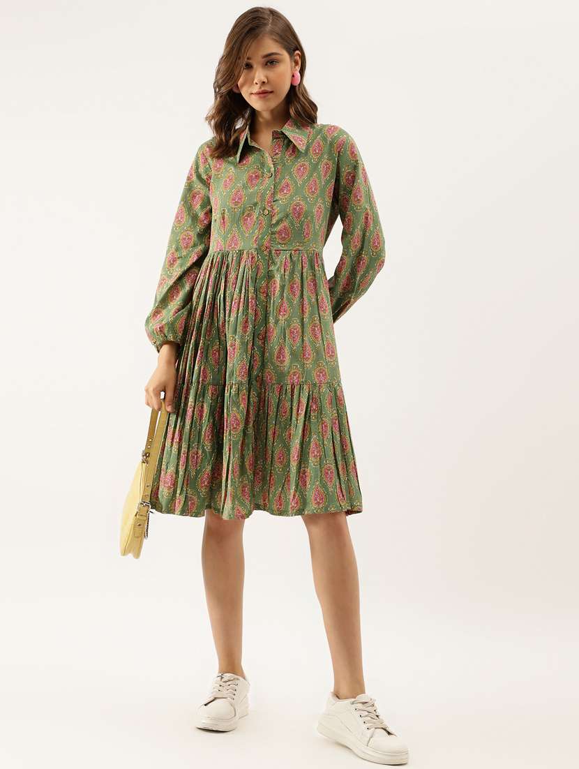 women olive printed long sleeve tiered dress - 20390532 - Standard Image - 3