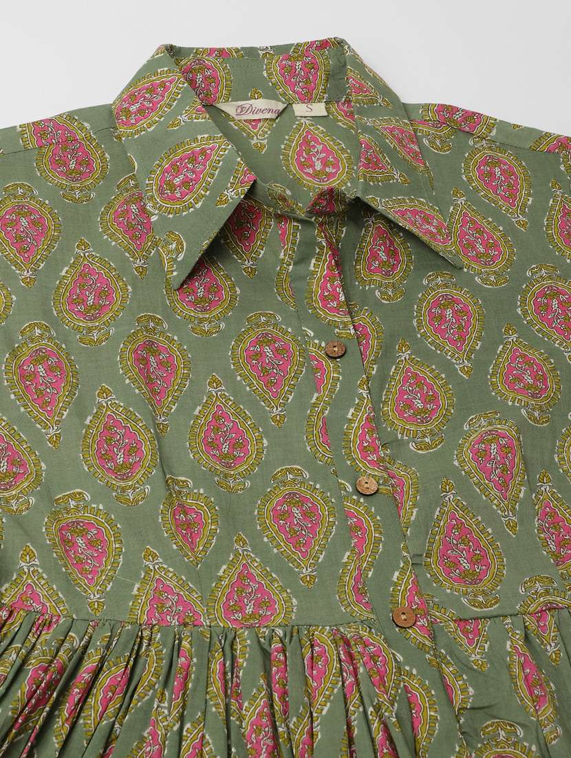 women olive printed long sleeve tiered dress - 20390532 - Standard Image - 5