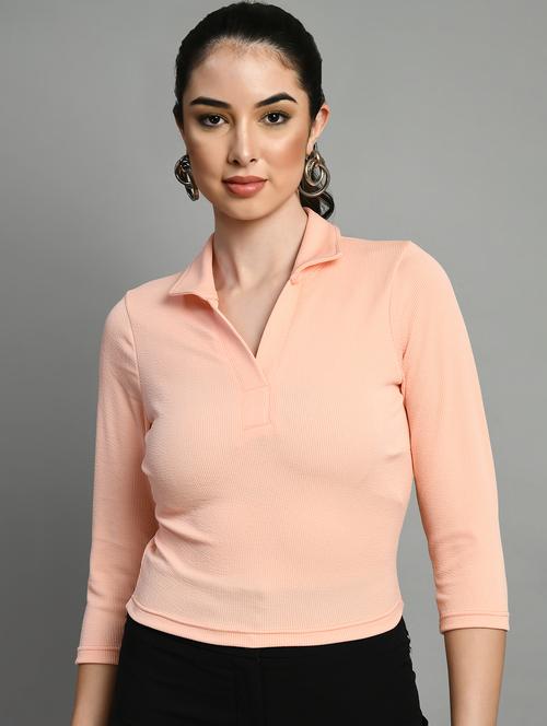 peach solid polo neck crop top - 20394331 - Standard Image - 0