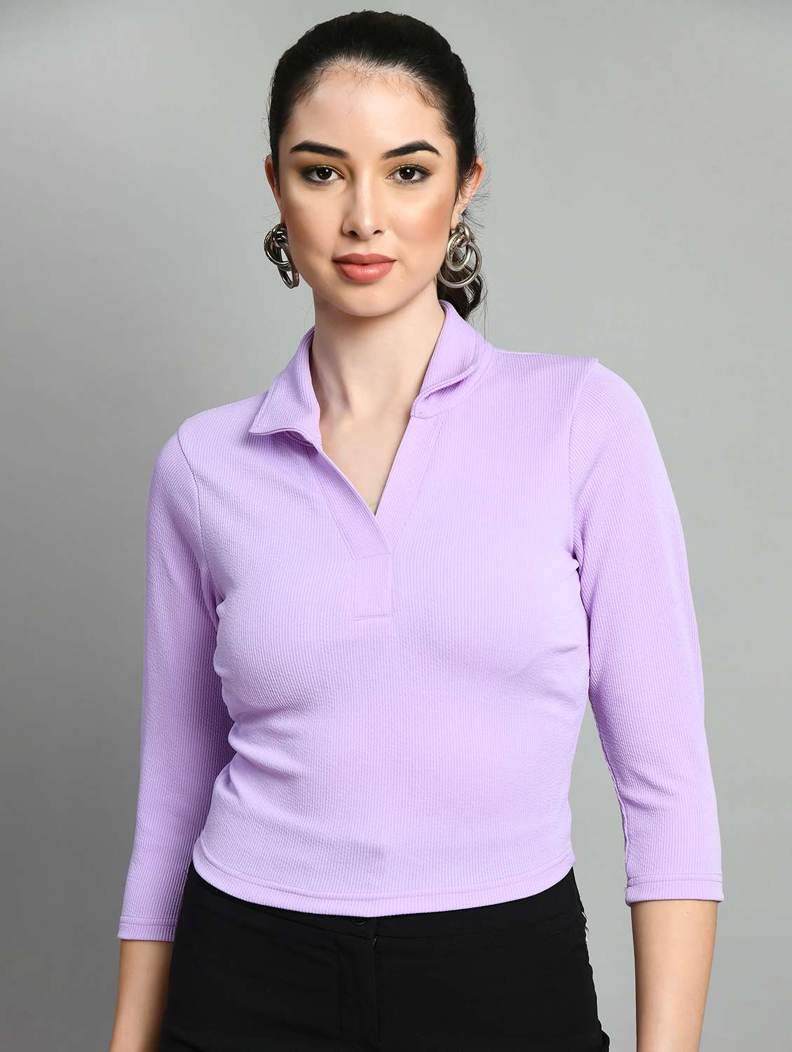 lavender solid polo neck crop top - 20394332 -  Zoom Image - 0